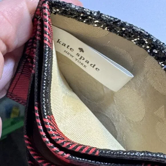 Kate Spade New York Staci Buffalo Plaid Small Slim Cardholder Black Glitter - Picture 6 of 7